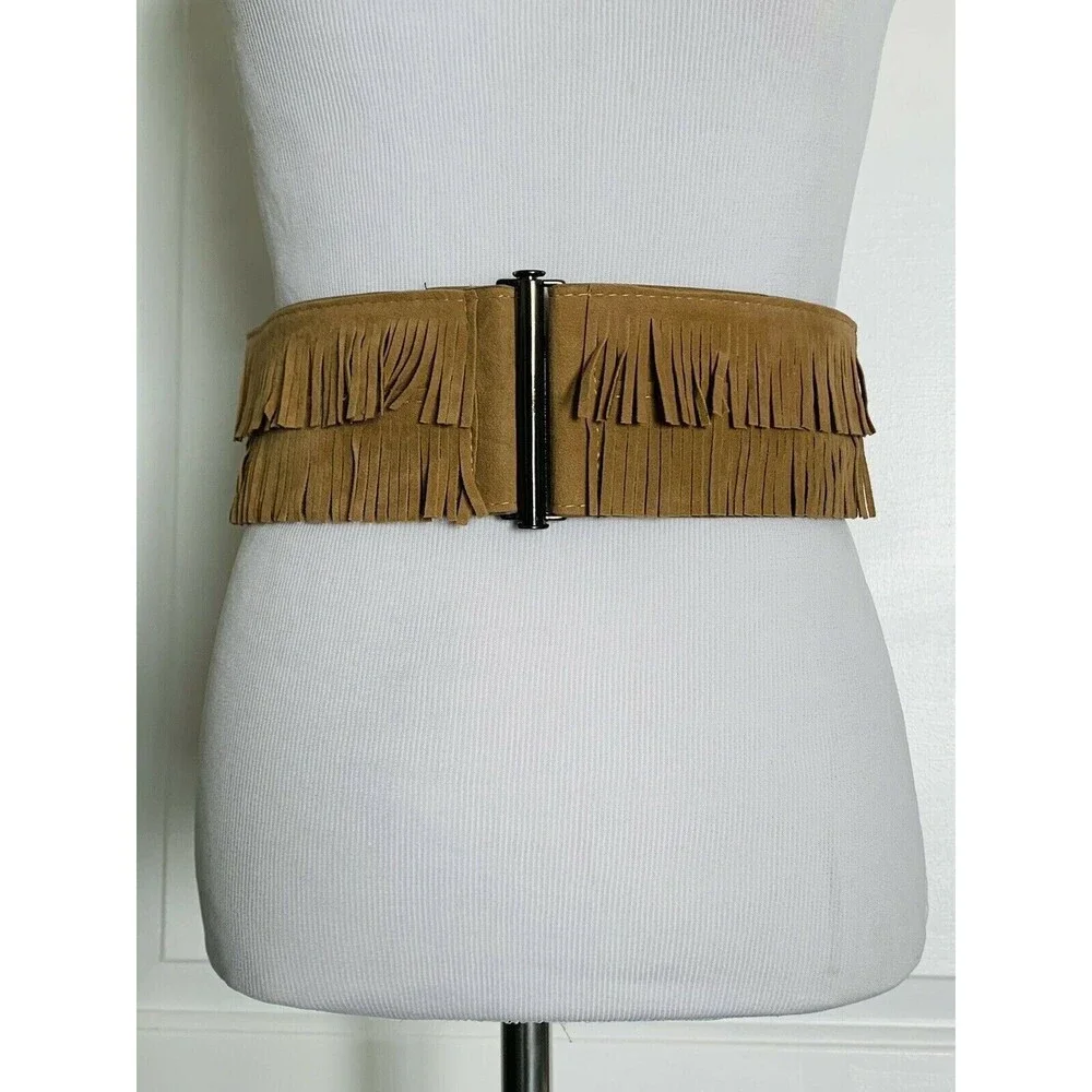 Stretch Elastic Waist Wide Belt Cummerbund Tan Faux Suede Fringe Boho M